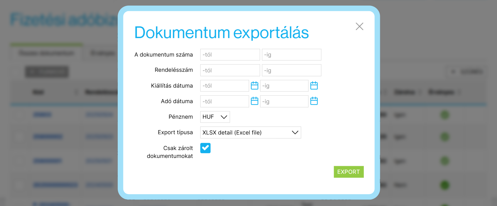 Beérkezett fizetések exportálási menüje