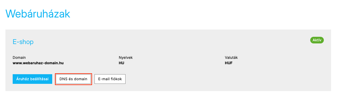 Értékesítési csatornák → Webáruházak, kiemelt DNS és domain gombbal