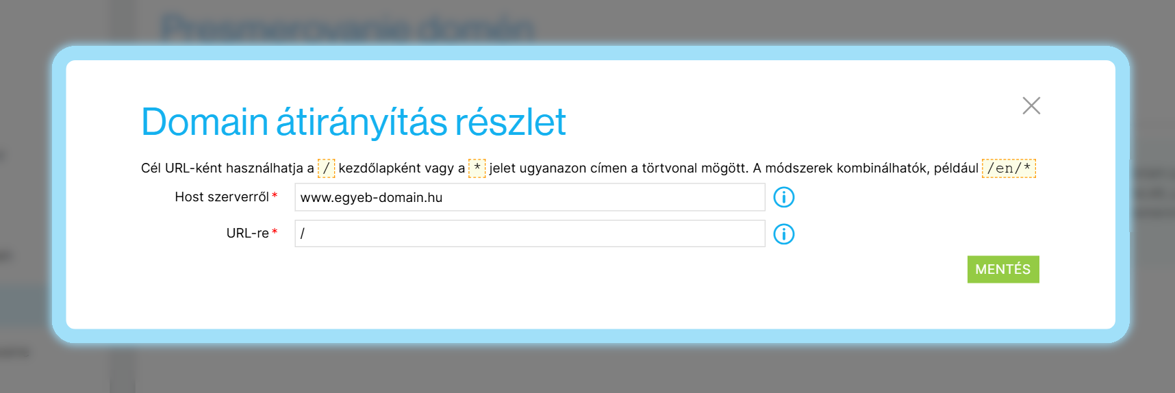 Domain átirányítás hozzáadására szolgáló ablak