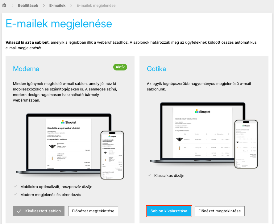 Az E-mailek megjelenése oldal a Moderna és Gotika sablonokkal
