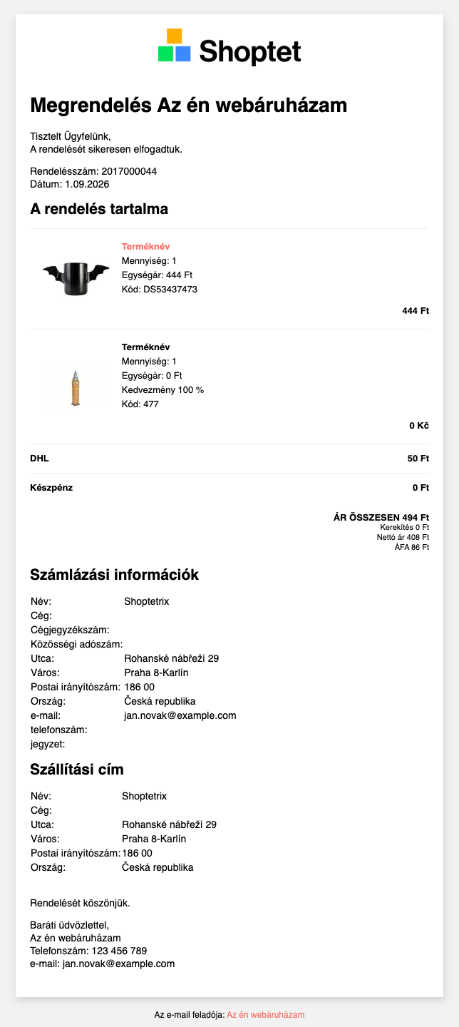 Megrendelésről szóló e-mail előnézete a Moderna sablonban