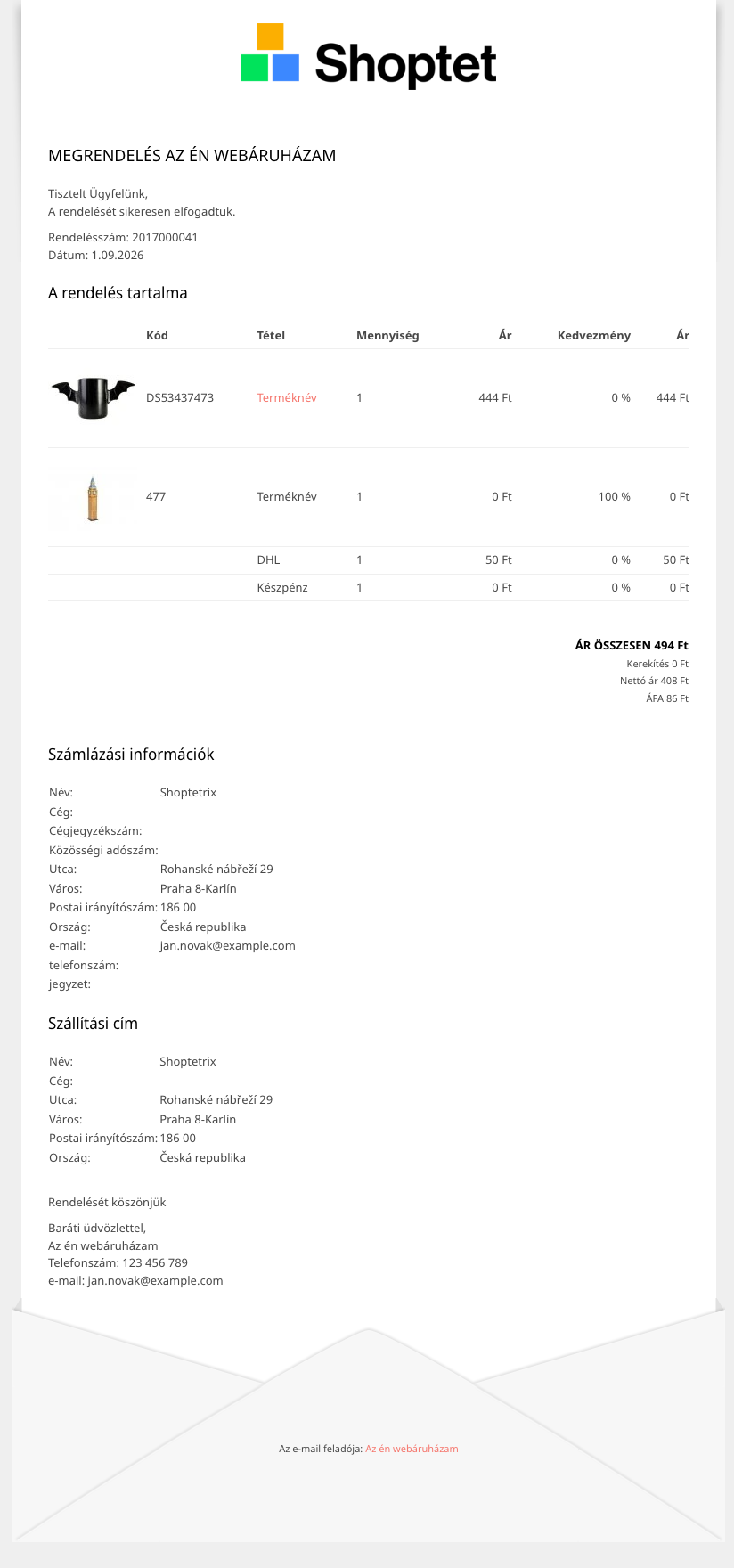 Megrendelésről szóló e-mail előnézete a Gotika sablonban, az ikonikus borítékkal