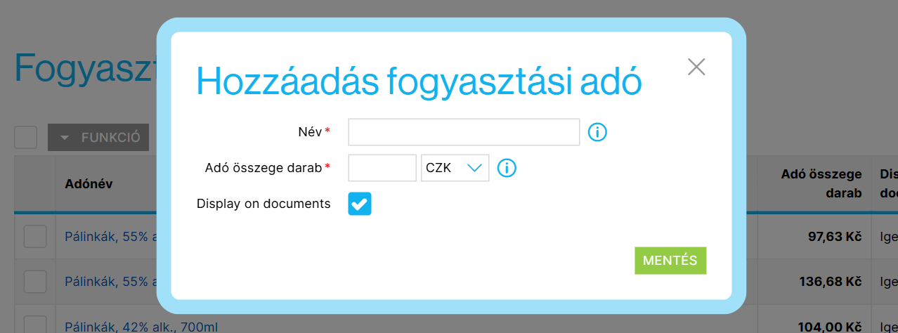 Jövedéki adó beállításai a termék részleteiben