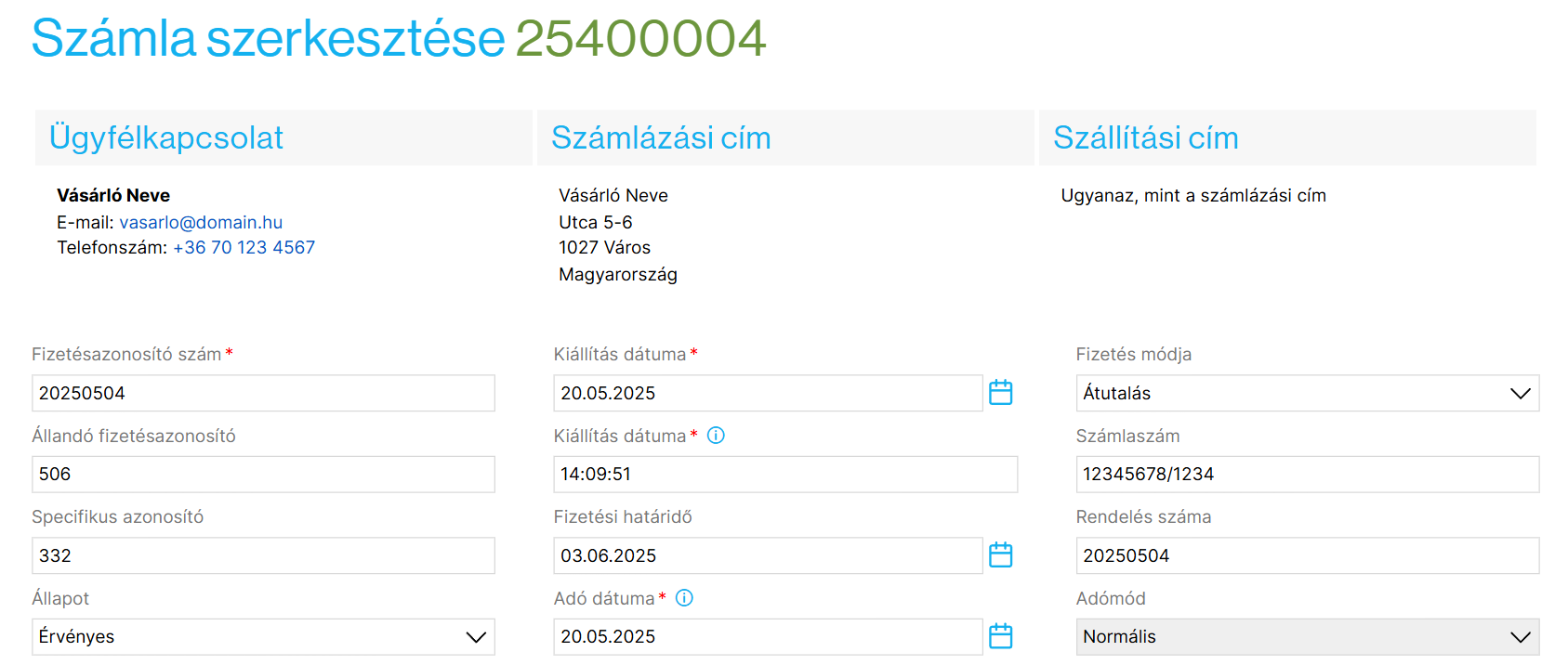 Számla fejléce