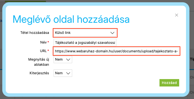Menüelem hozzáadásának űrlapja kiválasztott külső link típussal és a fájl kitöltött URL-címével