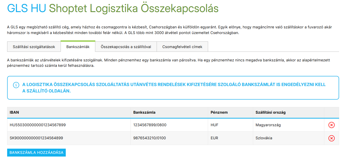 Több bankszámla beállítása utánvétek kifizetéséhez