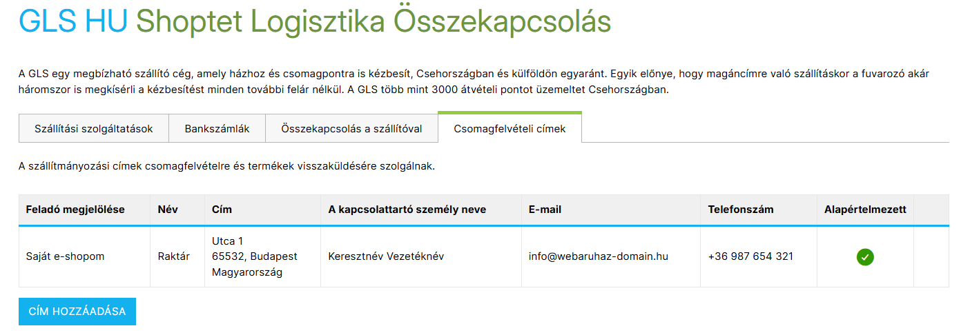 A szállítóhoz tartozó csomagfelvételi címek áttekintése