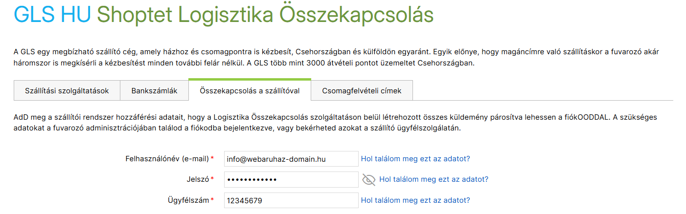 Összekapcsolás a szállítóval fül a szállító részleteinél a Logisztika Összekapcsolás szolgáltatásban