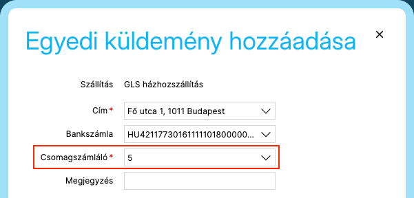 Az egyedi küldemény hozzáadására szolgáló ablak a Csomagszámláló mezővel