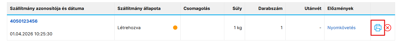 A szállítmány címkéjének nyomtatására szolgáló gomb