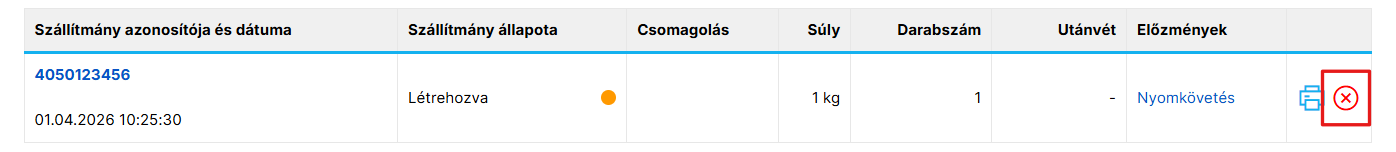 A szállítmány törlésére vagy eltávolítására szolgáló gomb