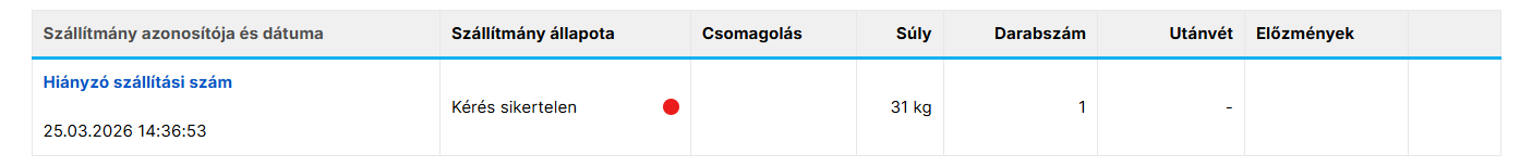 Példa olyan szállítmányra, amelynek létrehozásakor hiba történt