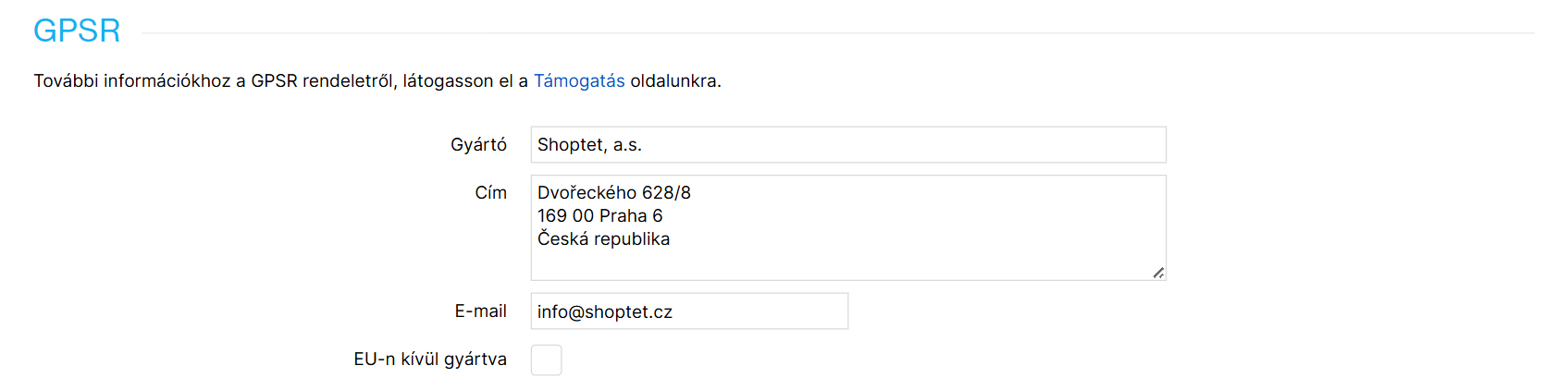 A GPSR részletes beállításai a márkaadatok között