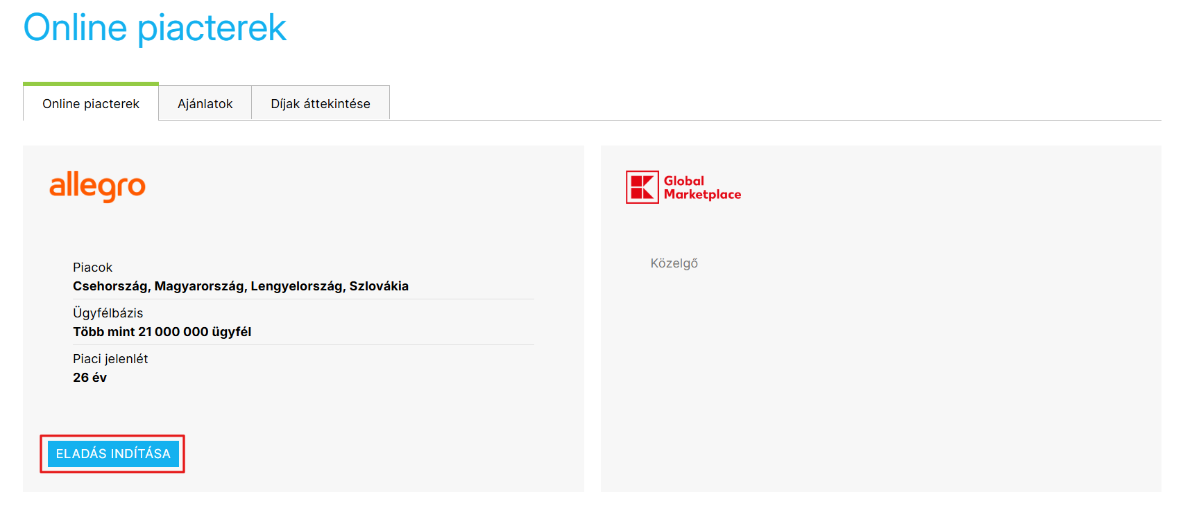 Eladás indítása gomb az Allegro összekapcsolás aktiválásához