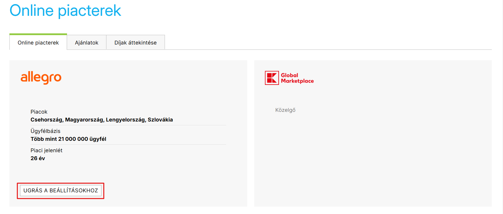 Ugrás a beállításokhoz gomb, amely az Allegro összekapcsolás beállításaihoz vezet
