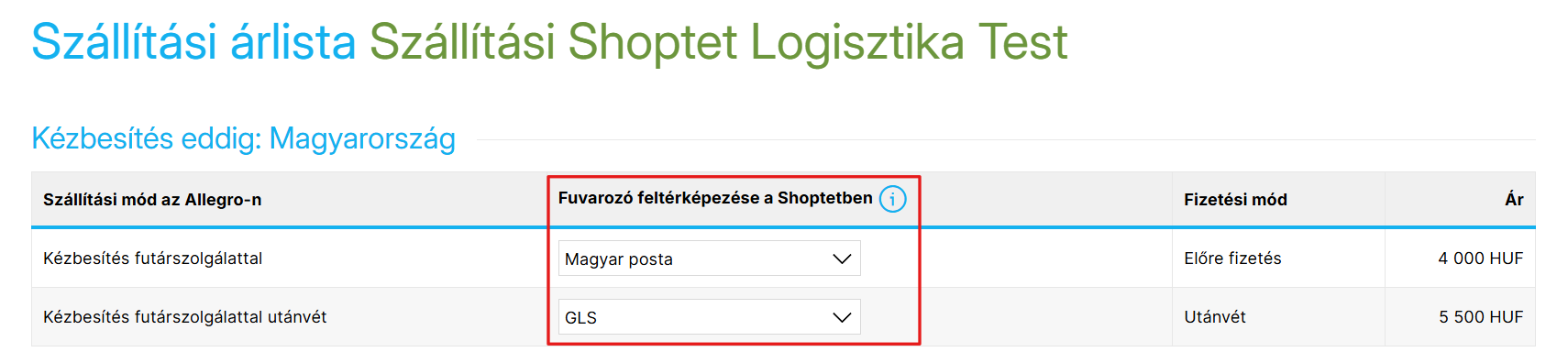 Saját szállítás beállítása