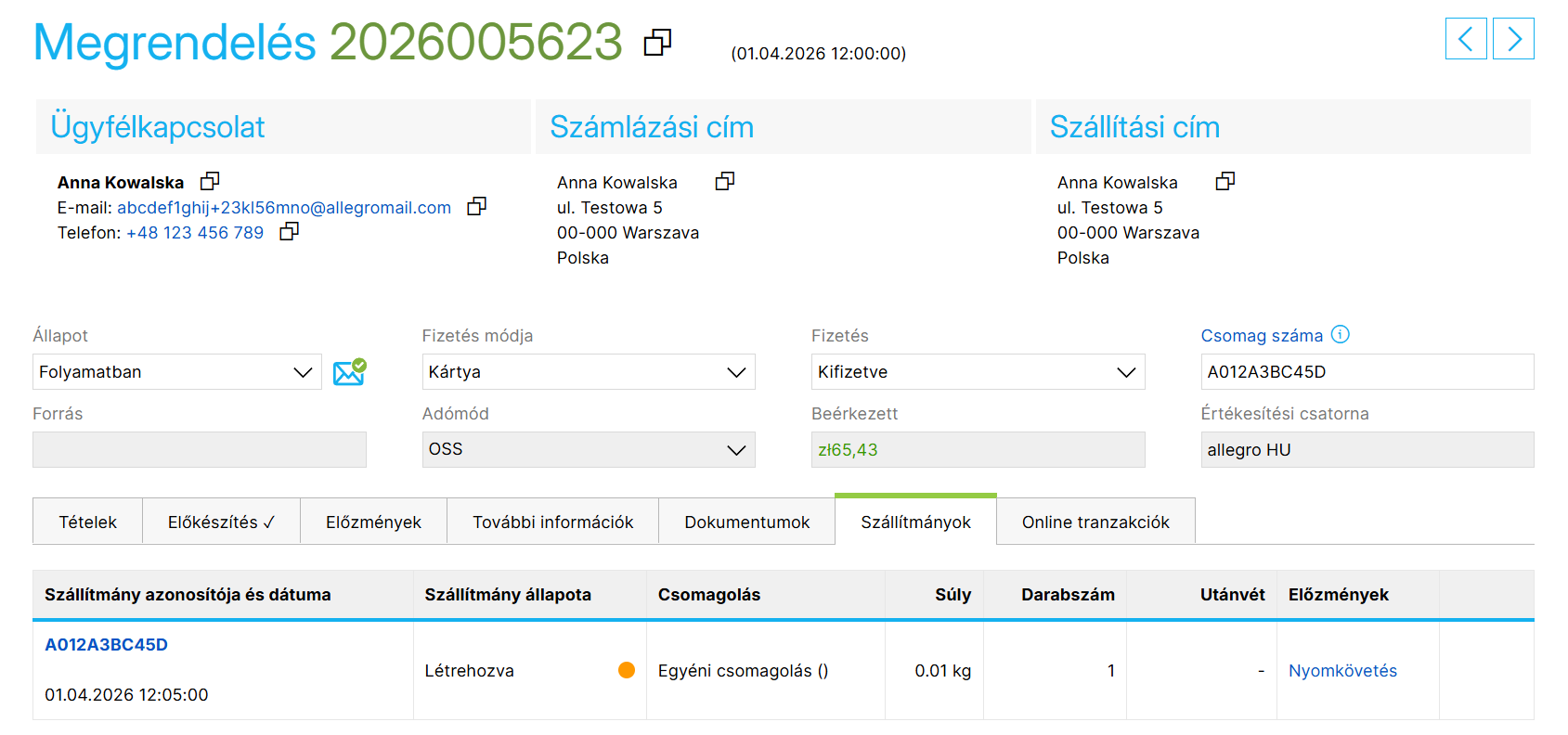 Példa egy Allegro.pl rendelésre a Szállítmányok fülön