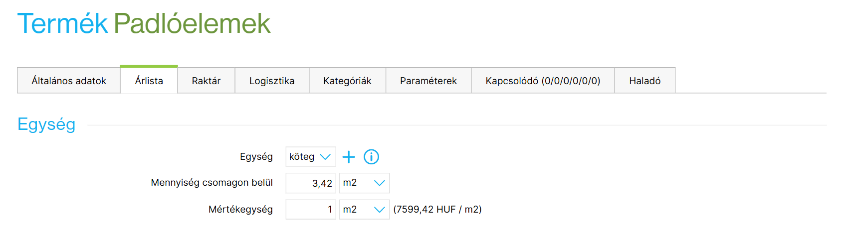 Az egység beállítása a termék részleteiben