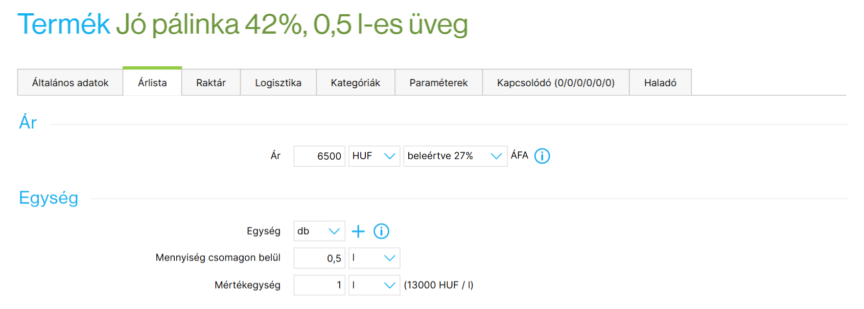 Példa egy termék egységárának beállítására