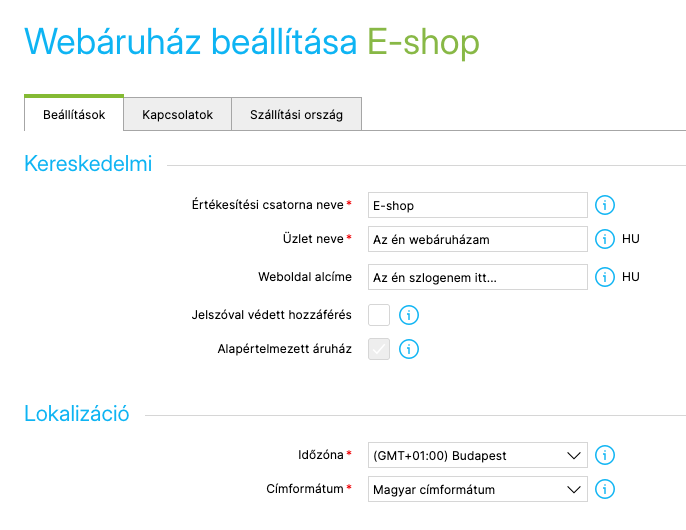 Webáruház beállítása, Beállítások fül a Kereskedelmi és Lokalizáció részekkel