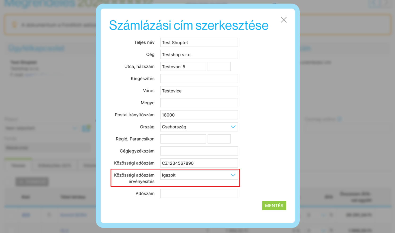 Az adószám ellenőrzési állapotának manuális módosítása
