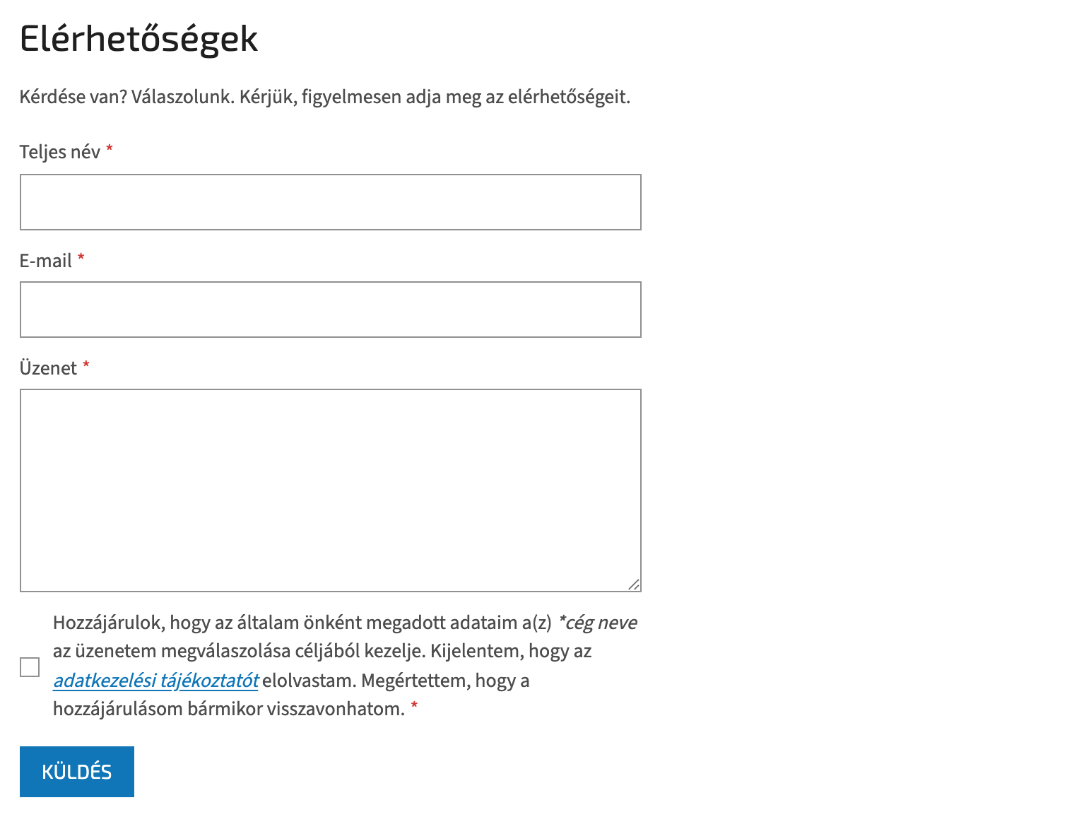 Az Elérhetőségek oldal a webáruházban kapcsolati űrlappal és az adatkezelési hozzájárulás jelölőnégyzetével