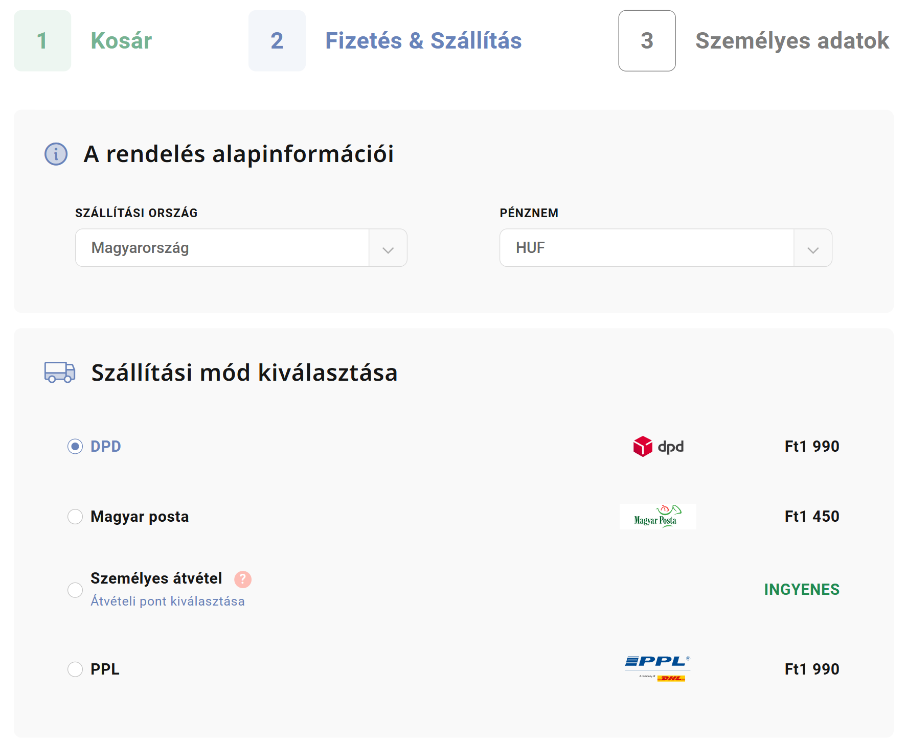 Szállítási módok megjelenítése a kosárban