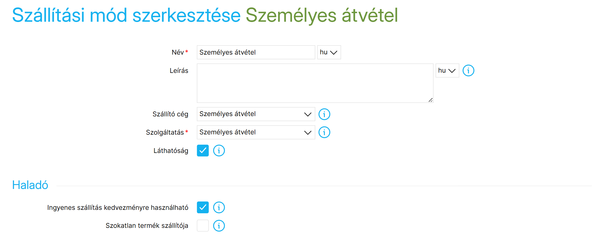 Szállítási mód beállításai