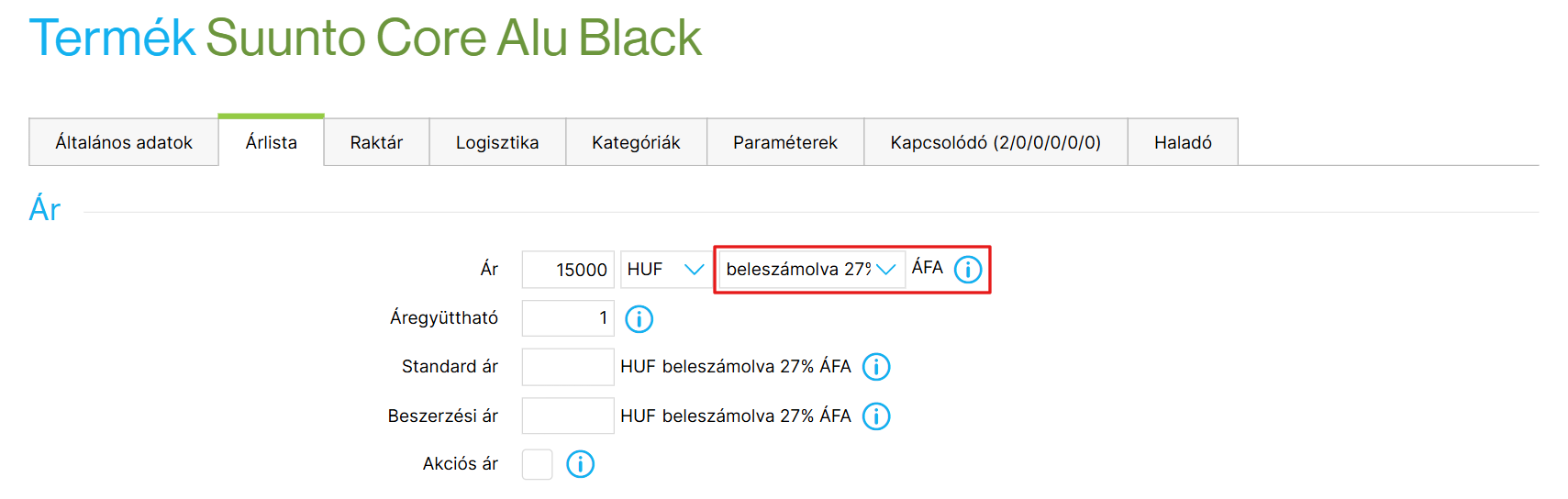 Adott termék ÁFA beállítása