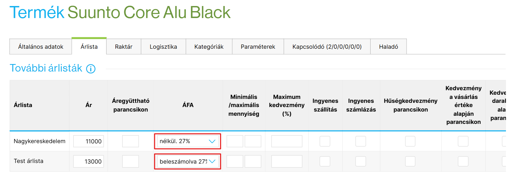 Adott termék ÁFA beállítása további árlistákban