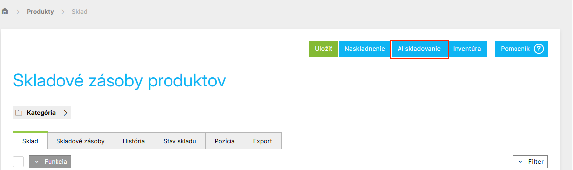 Tlačidlo AI skladovanie vedľa tlačidla Naskladnenie na stránke Produkty → Sklad
