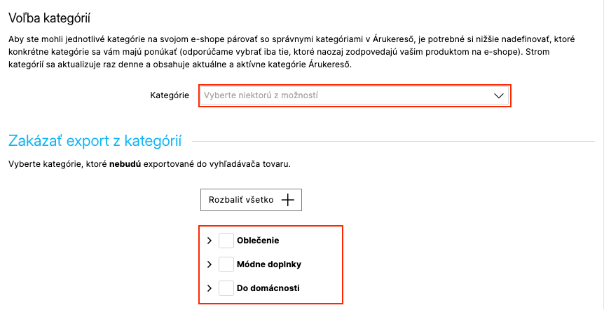 Záložka XML feedy so zvýrazneným poľom Kategórie a stromom kategórií na zákaz exportu