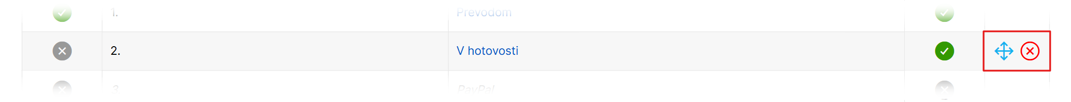 Tlačidlá na zmenu poradia alebo zmazanie spôsobu platby