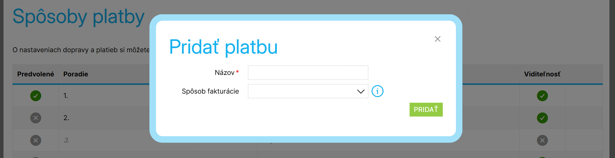 Okno pre pridanie nového spôsobu platby
