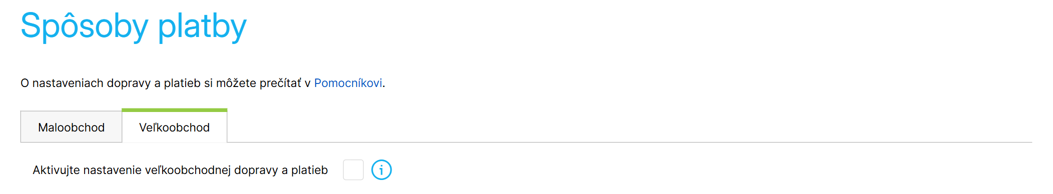 Záložka s veľkoobchodnými spôsobmi platby