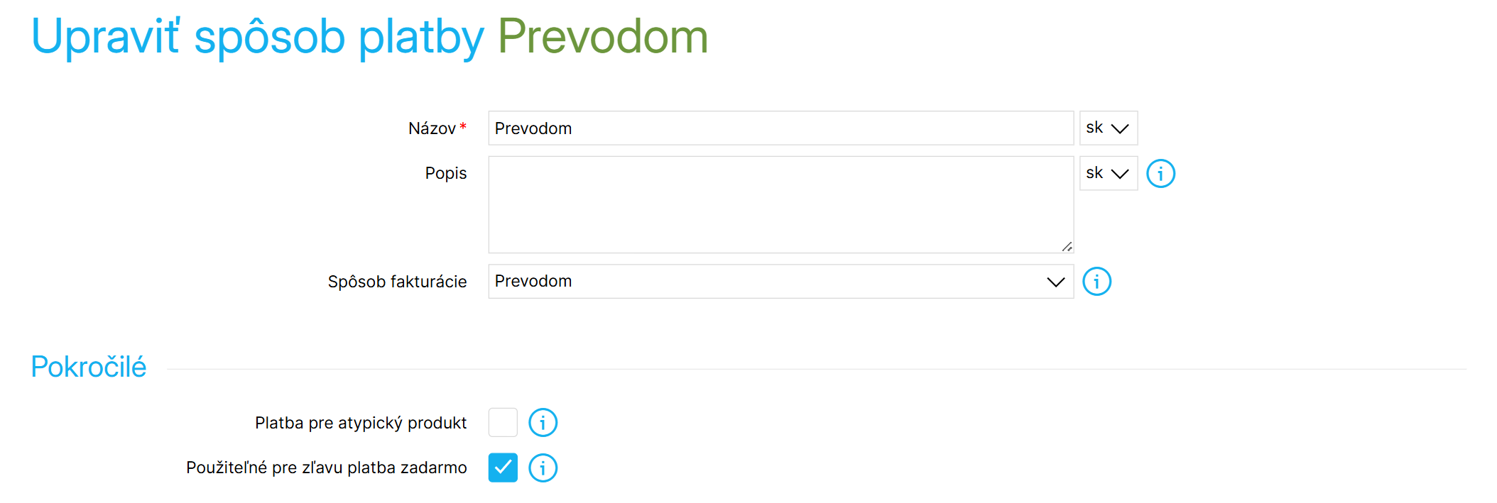 Nastavenie spôsobu platby v jeho detaile