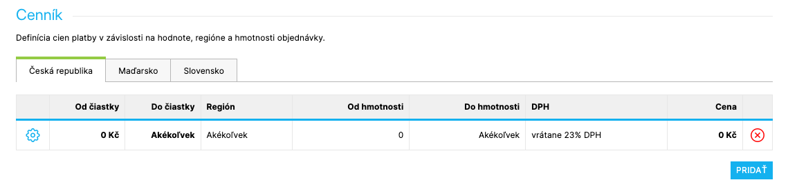 Cenník spôsobu platby – príklad platby zdarma pre doručenie na Slovensko