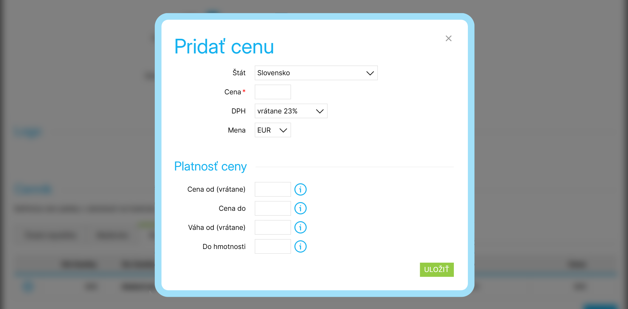 Okno na pridanie novej ceny k doprave