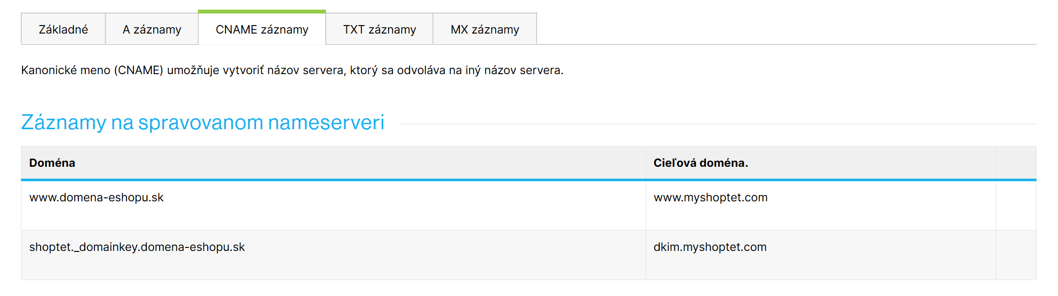 Nastavenie → Hosting → DNS, karta CNAME záznamy