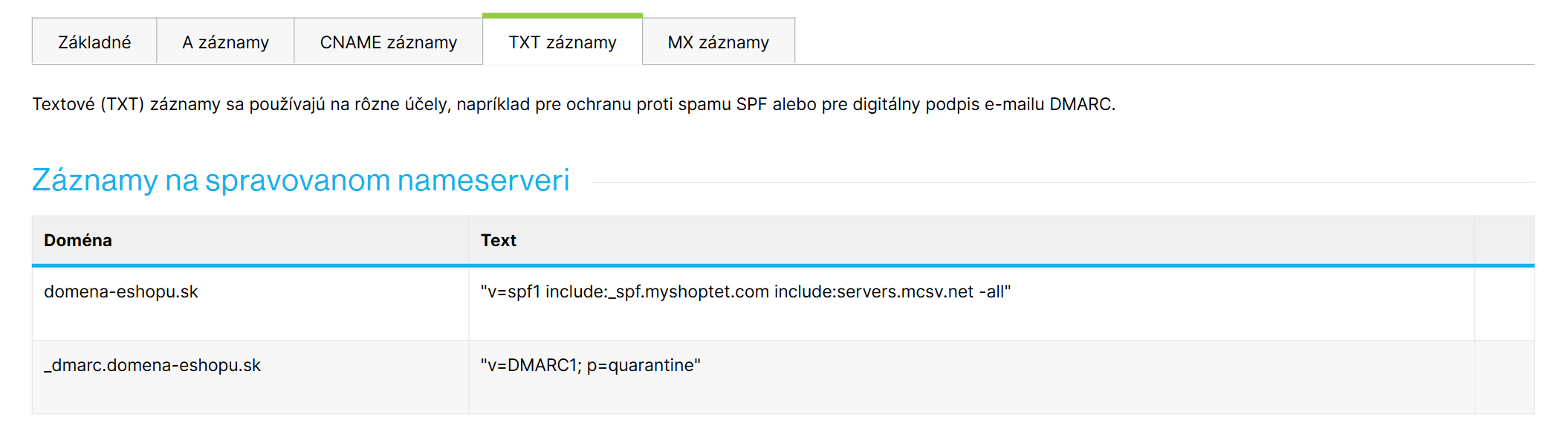 Nastavenie → Hosting → DNS, záložka TXT záznamy
