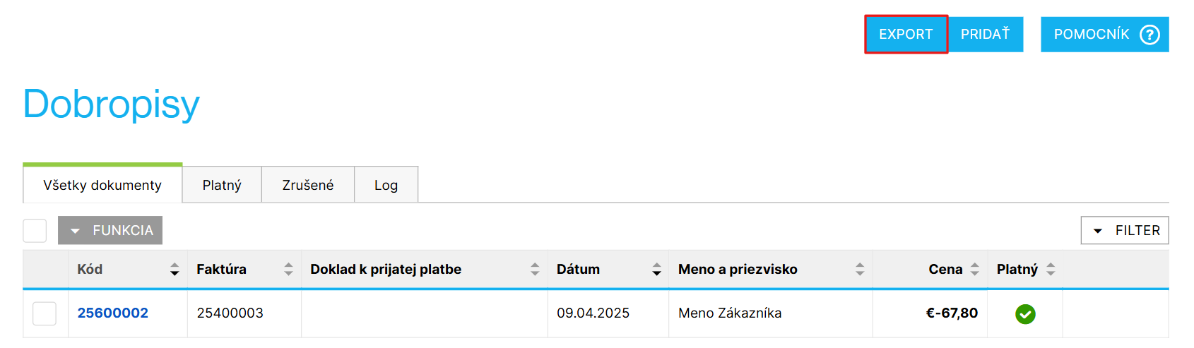 Tlačidlo Export v prehľade dobropisov