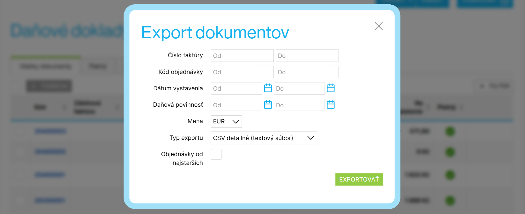 Ponuka exportu daňových dokladov (faktúr)
