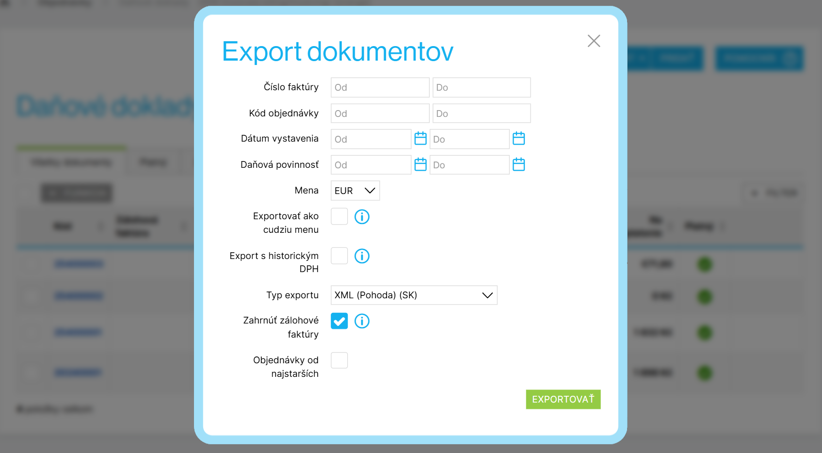 Možnosti exportu pre Pohodu