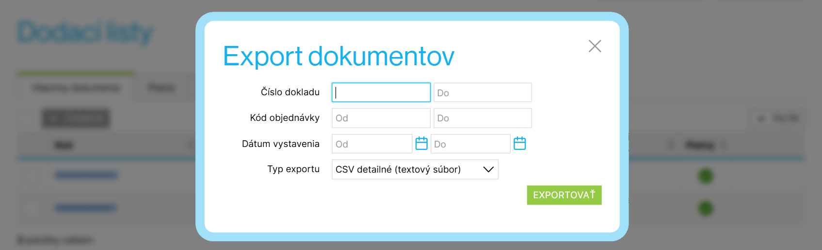 Ponuka exportu dodacích listov
