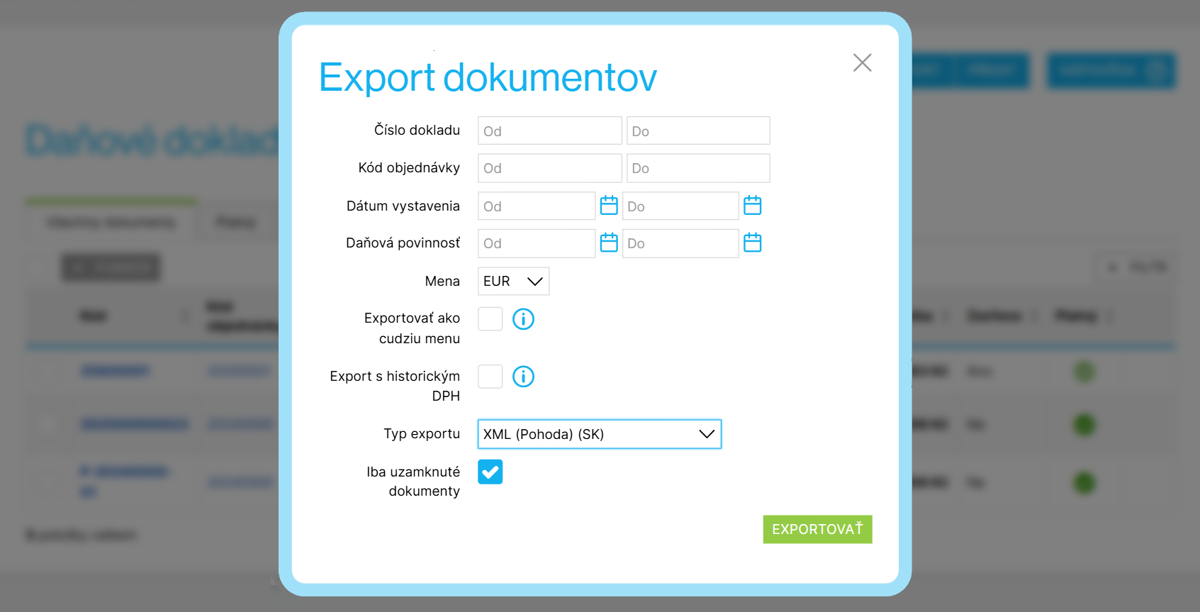 Ponuka exportu dokladov k prijatej platbe