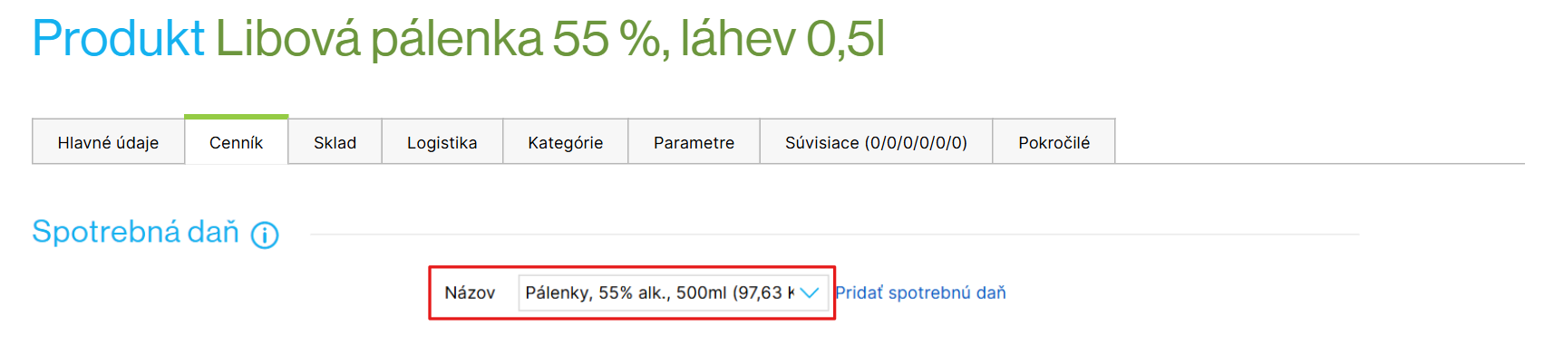 Nastavenie spotrebnej dane v detaile produktu