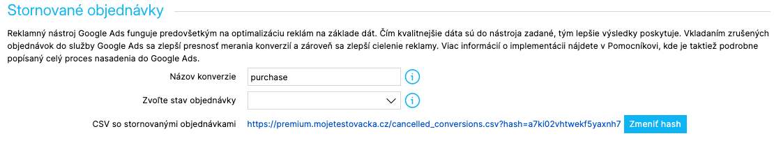 Sekcia Stornované objednávky na záložke Ads s poľom Názov konverzie, výberom stavu objednávky a odkazom na CSV súbor