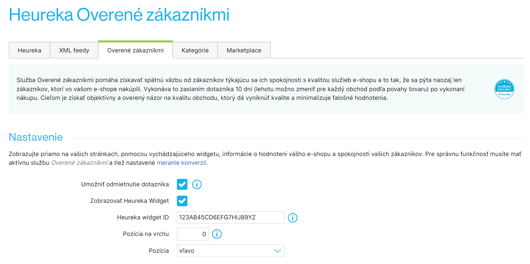 Príklad nastavenia widgetu Overené zákazníkmi v administrácii e-shopu