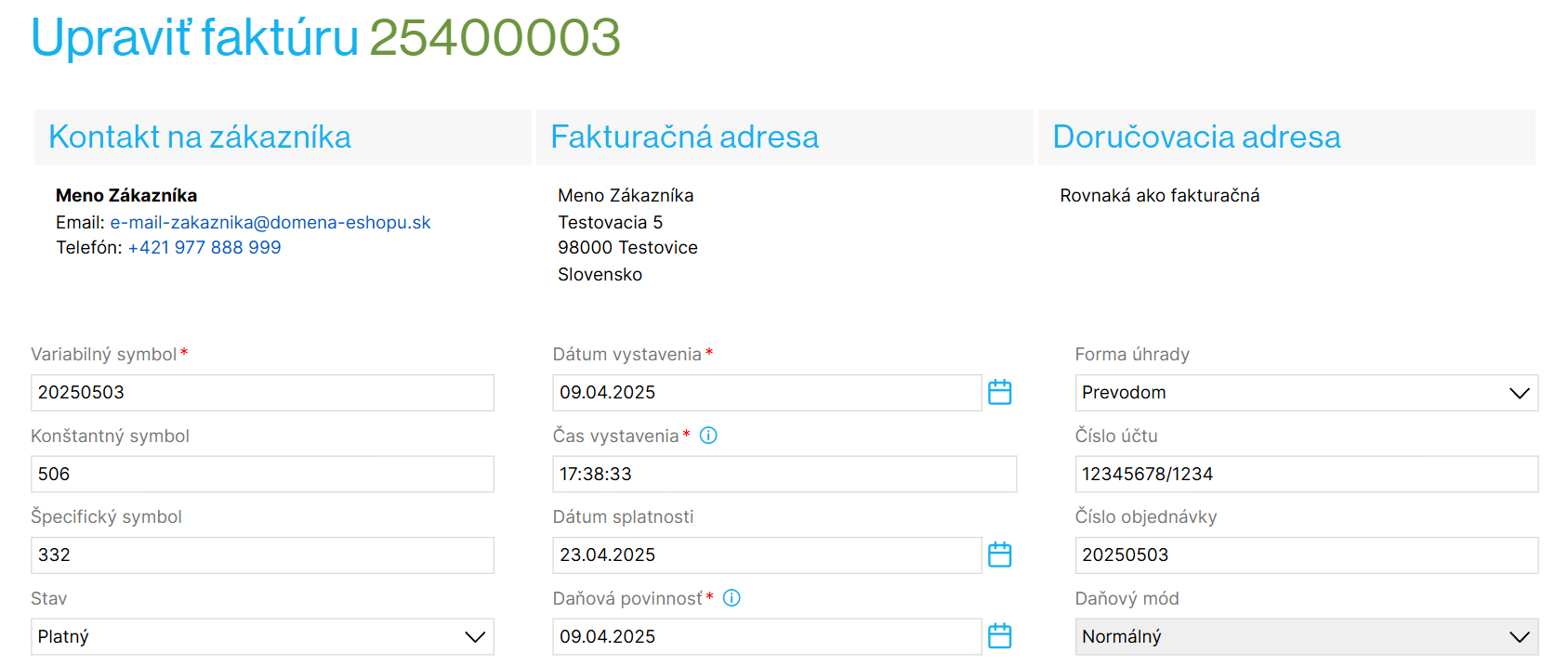 Hlavička daňového dokladu (faktúry)