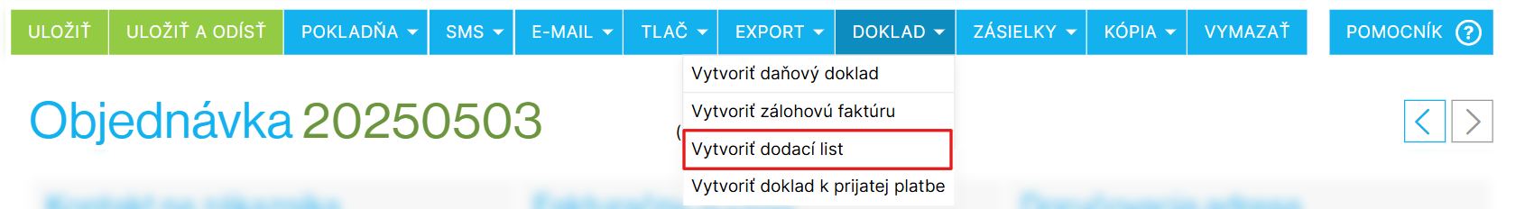 Zadanie faktúry z objednávky